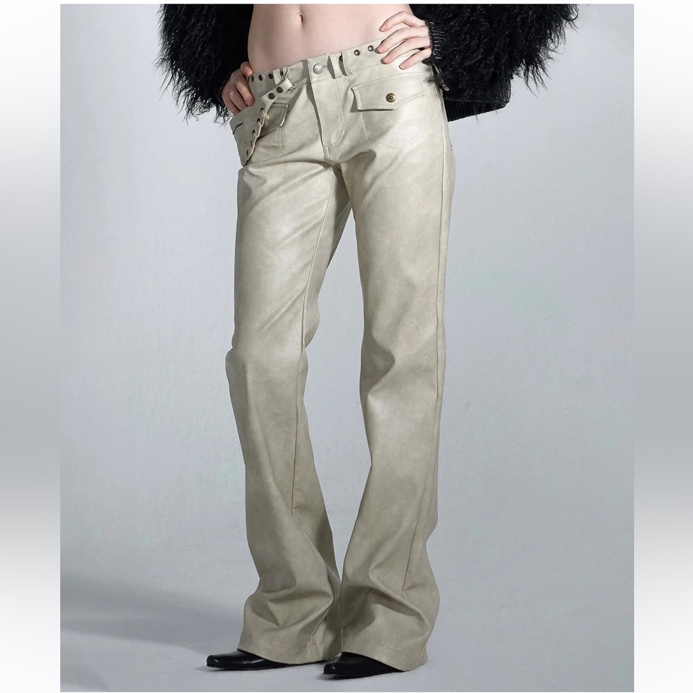 Sculptor beige low rise faux leather bootcut pants with studded fanny pack belt